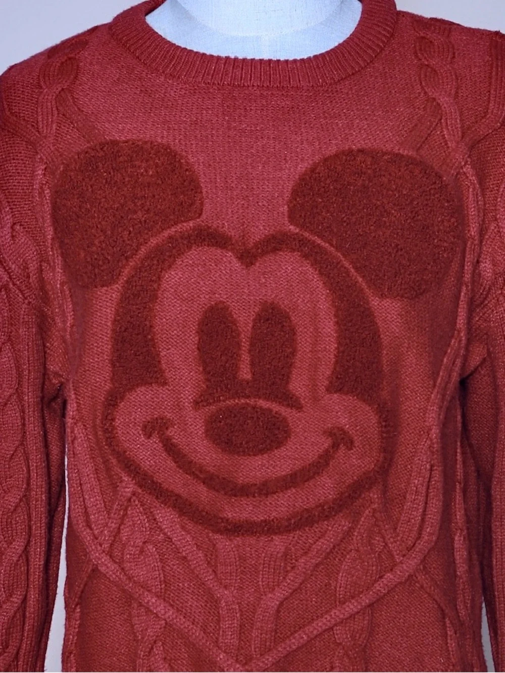 Disney Mickey Mouse Cable Knit Sweater Rust Red Chenille Graphic Pullover M
